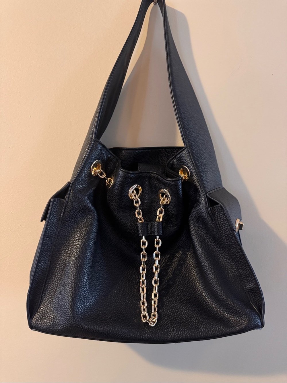 On 34th Black Leather Bucket Tote with Gold Chain Accents